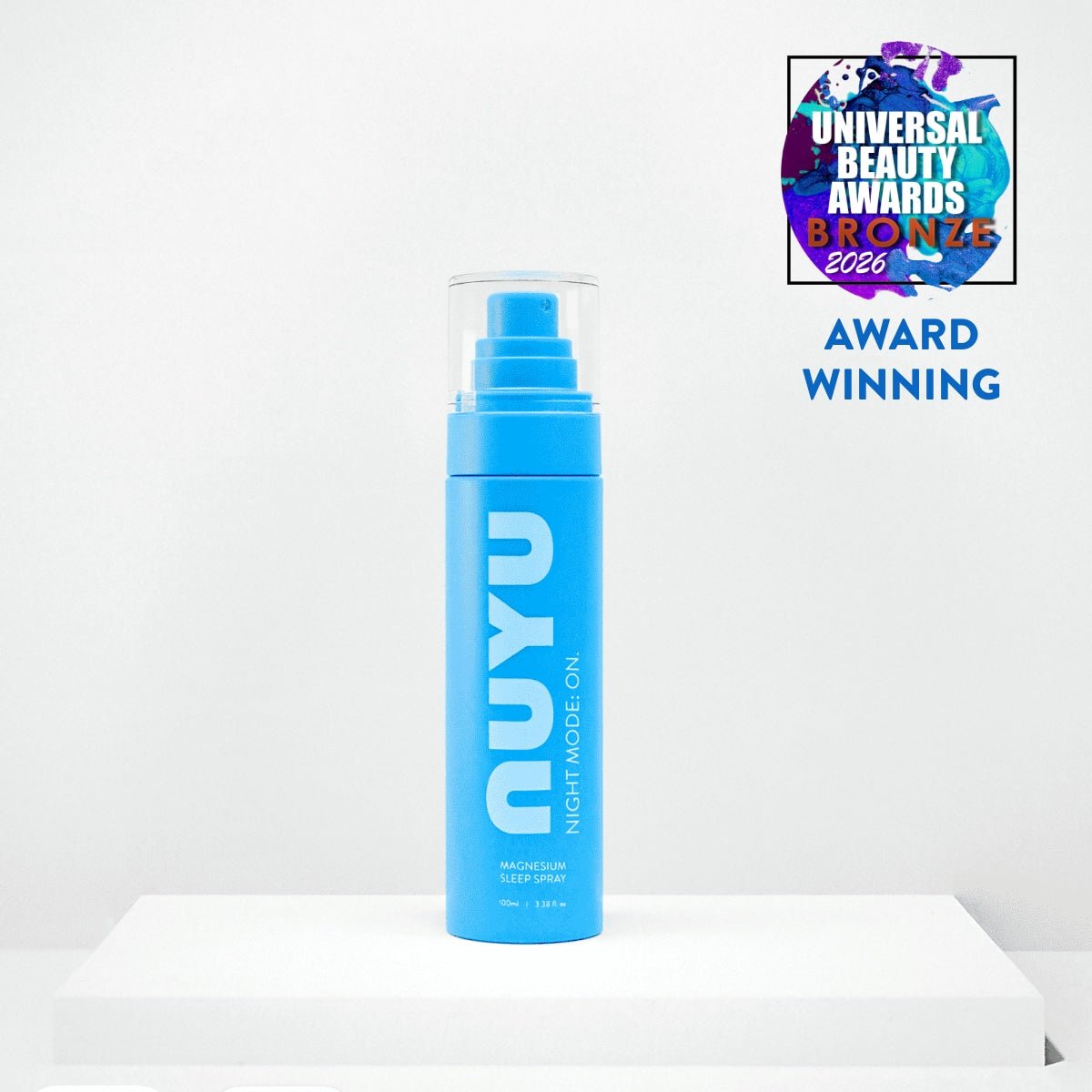 NUYU magnesium sleep spray UK award winning blue bottle with pump dispenser
