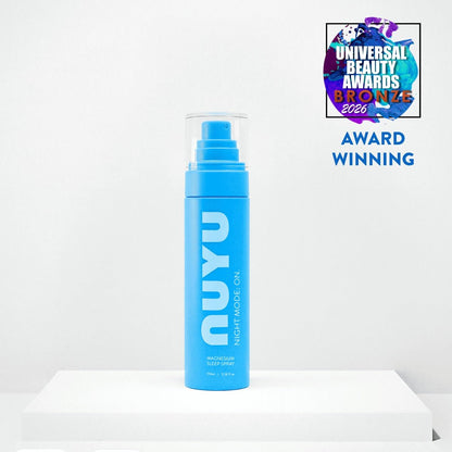 NUYU magnesium sleep spray UK award winning blue bottle with pump dispenser