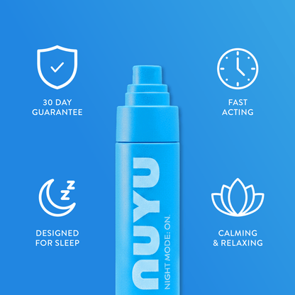 NUYU magnesium sleep spray UK benefits infographic showing 30 day guarantee and calming properties