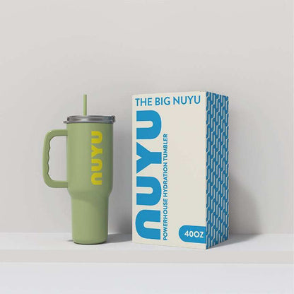 NUYU Big Hydration Bundle green tumbler with straw beside blue product box, wellness supplement UK