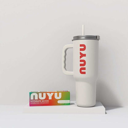 NUYU wellness supplement UK bundle with white tumbler and colorful hydrate mode packaging on white surface