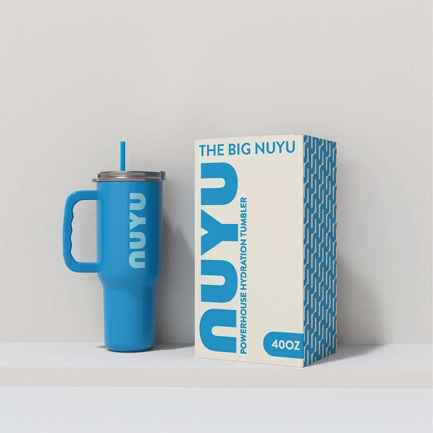 NUYU blue powerhouse hydration tumbler with white product box featuring bold branding, wellness supplement UK