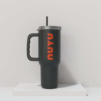 40oz black stainless steel tumbler with handle and NUYU logo in bold orange text