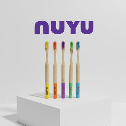 NUYU Happy Toothbrush set of 5 bamboo toothbrushes in bright colors, wellness supplement UK brand