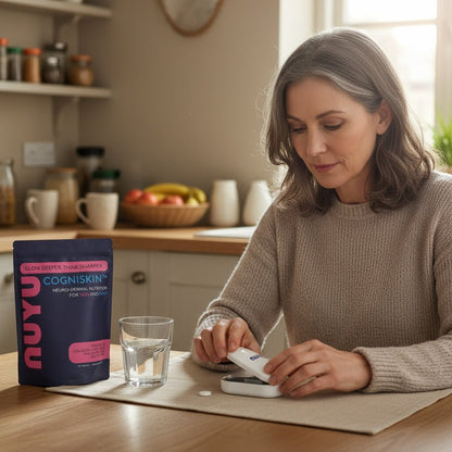 NUYU pill cutter with woman preparing wellness supplement UK in bright kitchen setting