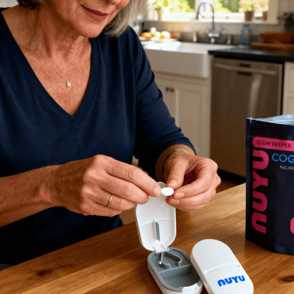 NUYU white pill cutter being used by woman in kitchen, wellness supplement UK tool