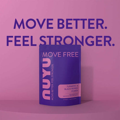 NUYU turmeric supplement UK in purple packaging on pink gradient background with motivational text